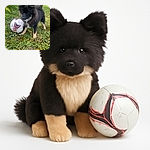 A fluffy black and tan puppy stands on a grassy patch with a slightly deflated soccer ball, looking curiously downwards. The puppy's fur is sprinkled with tiny white specks, and the background shows a sunny garden with trees and greenery.