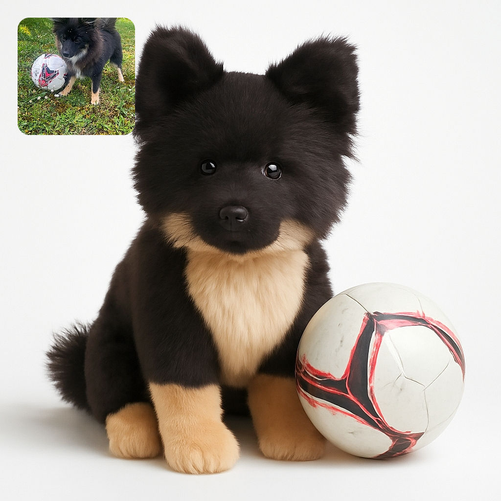 A fluffy black and tan puppy stands on a grassy patch with a slightly deflated soccer ball, looking curiously downwards. The puppy's fur is sprinkled with tiny white specks, and the background shows a sunny garden with trees and greenery.