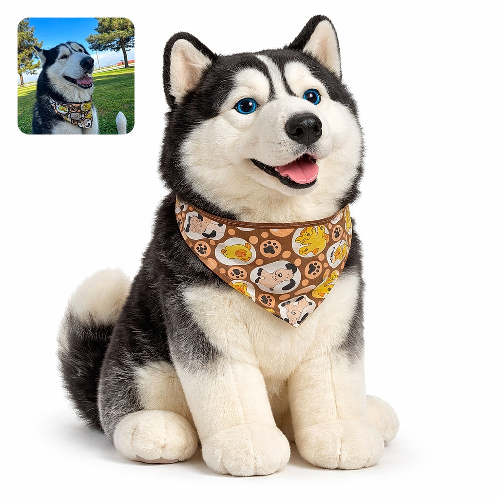 A happy husky dog sitting on lush green grass with a colorful cartoon-themed bandana, enjoying a sunny day in the park under a clear blue sky with tall trees in the background.