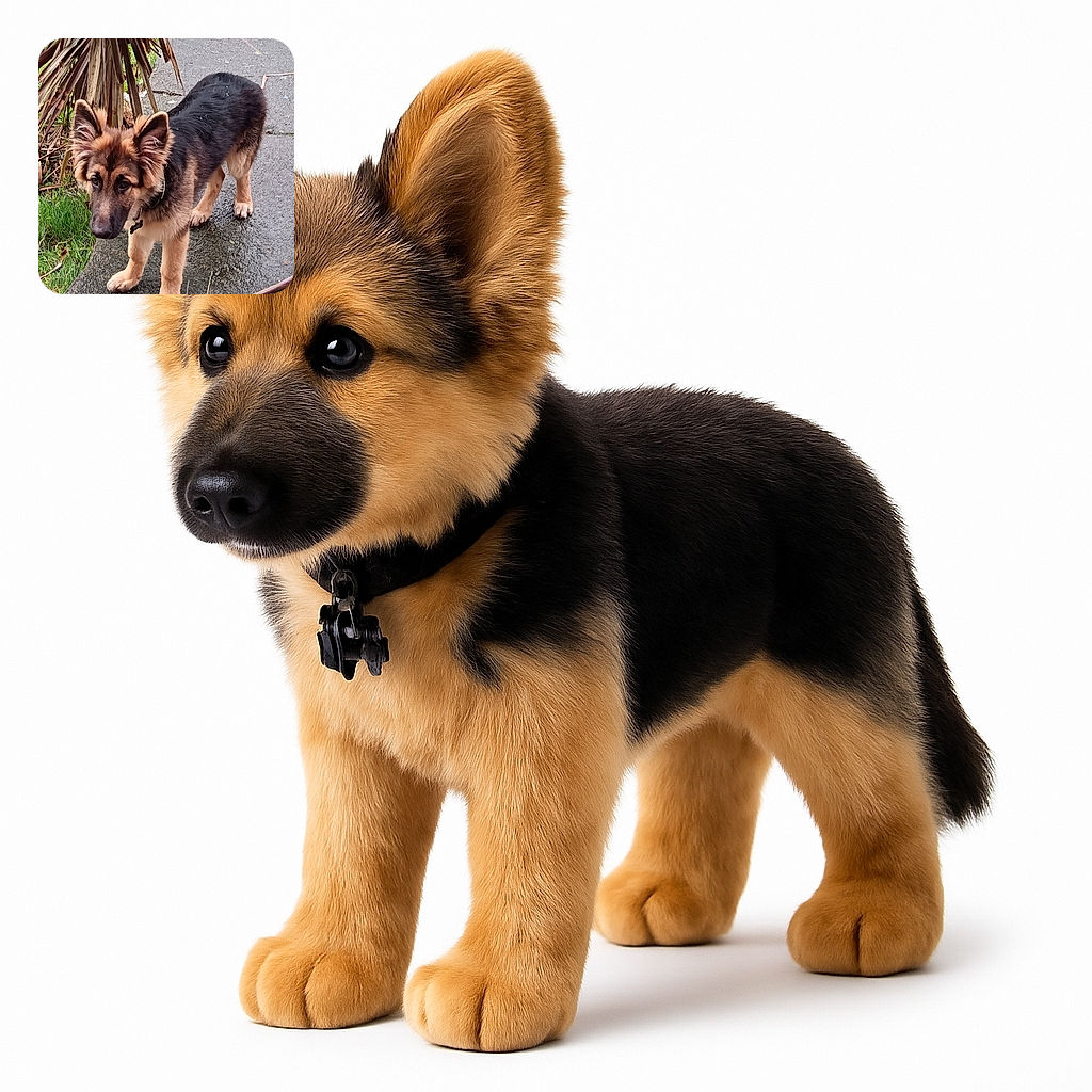 A fluffy German Shepherd puppy stands on a wet pavement, looking curiously at the camera with ears perked up and a name tag that reads 'Duke'. The background features green grass and a spiky plant, adding a natural touch to the scene.