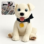 A happy dog with striking blue eyes sits in a relaxed, almost human-like pose on a cozy bed layered with soft blankets. The dog sports a black collar with a yellow tag, tongue out in a joyful pant, while a fan stands nearby, suggesting a warm day inside a tent or cozy nook.