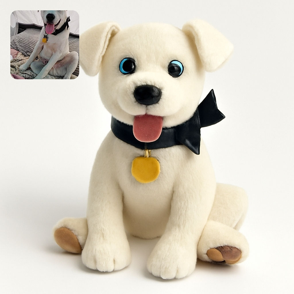 A happy dog with striking blue eyes sits in a relaxed, almost human-like pose on a cozy bed layered with soft blankets. The dog sports a black collar with a yellow tag, tongue out in a joyful pant, while a fan stands nearby, suggesting a warm day inside a tent or cozy nook.