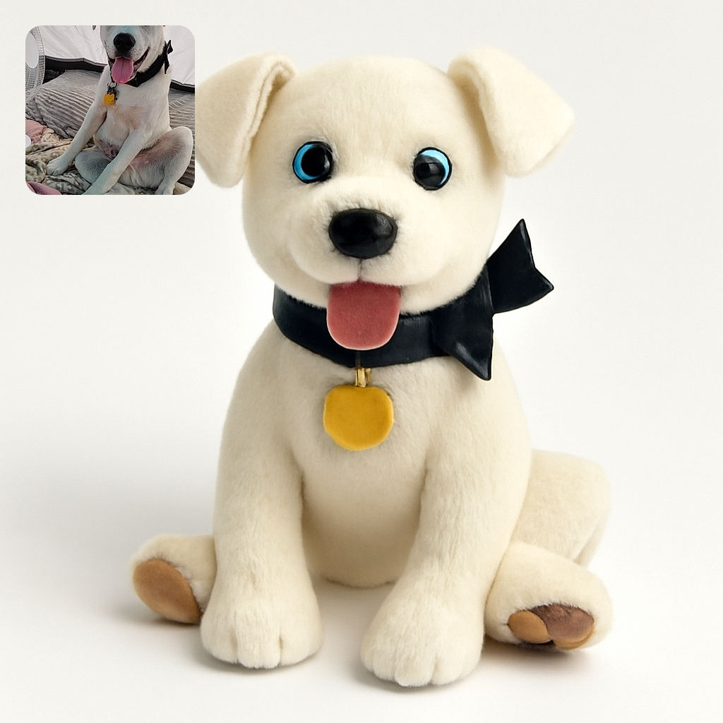 A happy dog with striking blue eyes sits in a relaxed, almost human-like pose on a cozy bed layered with soft blankets. The dog sports a black collar with a yellow tag, tongue out in a joyful pant, while a fan stands nearby, suggesting a warm day inside a tent or cozy nook.