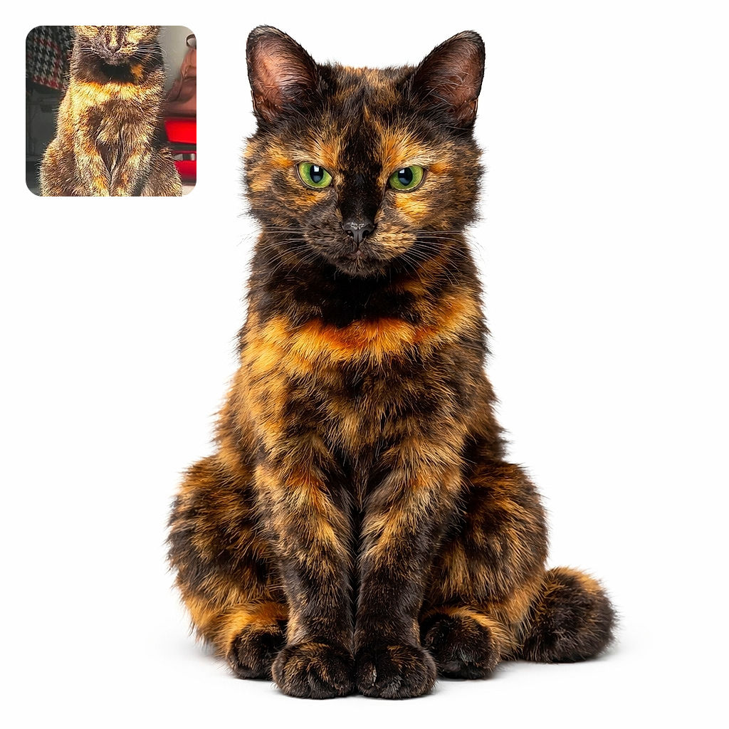 A regal tortoiseshell cat sits like a tiny furry monarch, squinting in dramatic sunlight as if judging your life choices — impeccable posture, unimpressed expression, and fur glowing in the sun.