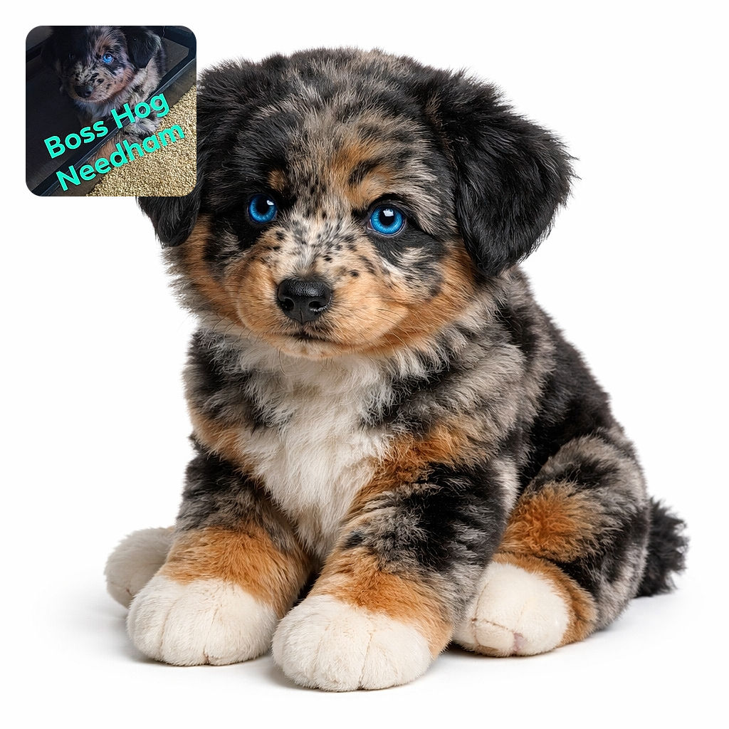 A fluffy puppy with striking blue eyes peeks out from under a piece of furniture, looking curiously at the camera. The carpeted floor and scattered kibble add a cozy, lived-in vibe. Bright turquoise text overlay humorously labels the scene as 'Boss Hog Needham.'