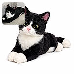 A sleek black and white cat lounges comfortably on a carpeted stair, looking directly at the camera with bright yellow eyes and a curious expression, its paws adorably tucked in.