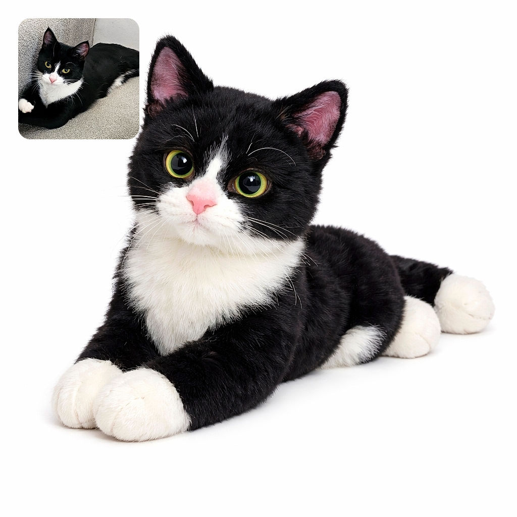 A sleek black and white cat lounges comfortably on a carpeted stair, looking directly at the camera with bright yellow eyes and a curious expression, its paws adorably tucked in.