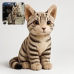A wide-eyed tabby cat with striking stripes and a curious expression sits perched on a white table, with a cozy living room scene blurred in the background including a TV, shoes, and a scratching post.