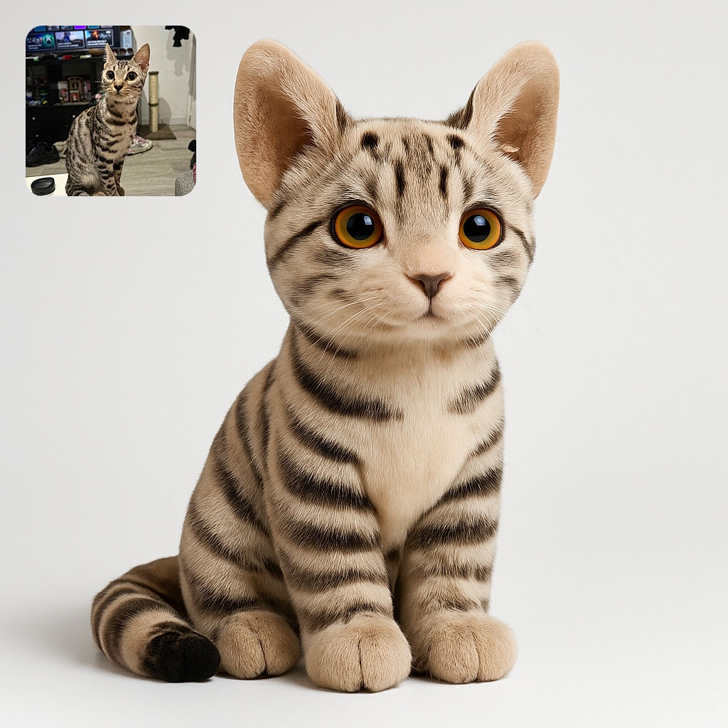 A wide-eyed tabby cat with striking stripes and a curious expression sits perched on a white table, with a cozy living room scene blurred in the background including a TV, shoes, and a scratching post.