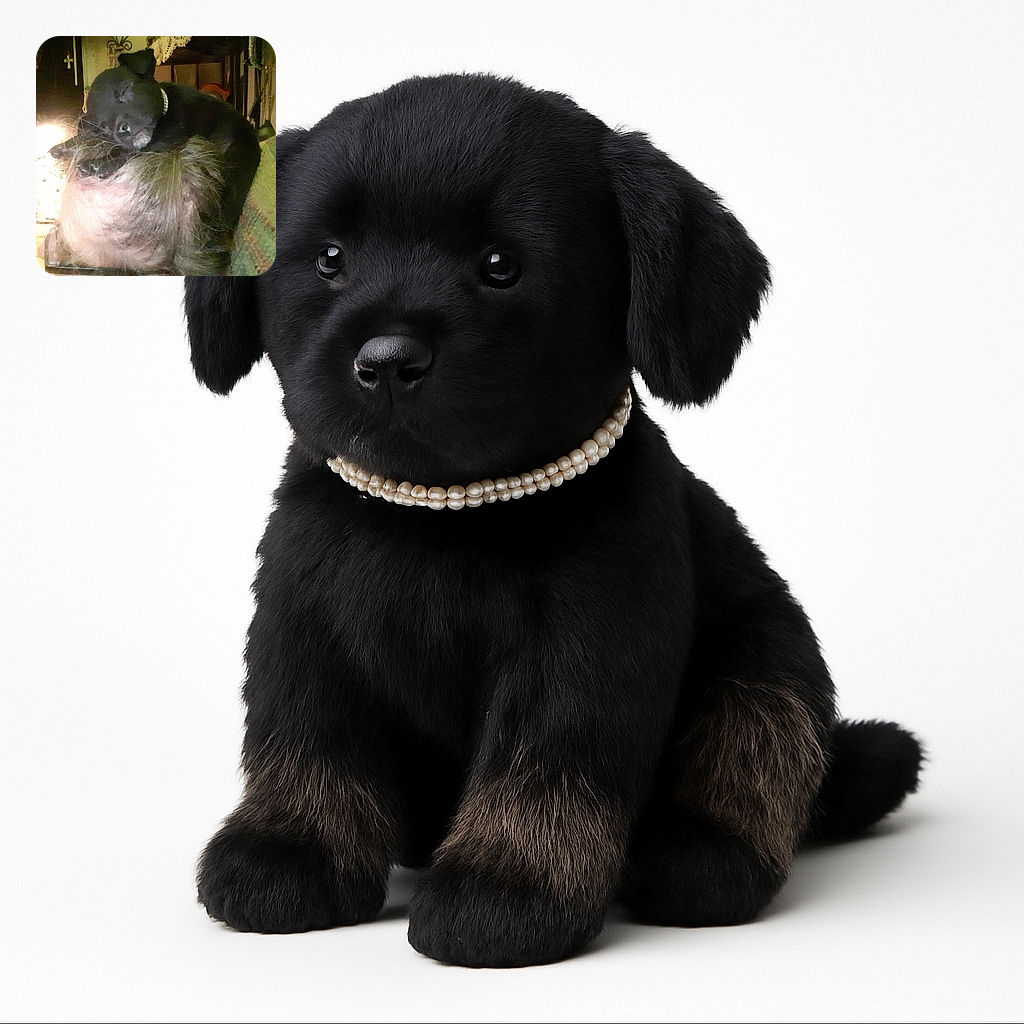 A blurry photo of a small black dog cuddling with a person whose head is partially visible. The lighting is dim and the image is grainy, making details hard to distinguish. The background shows some household items and a crocheted blanket.
