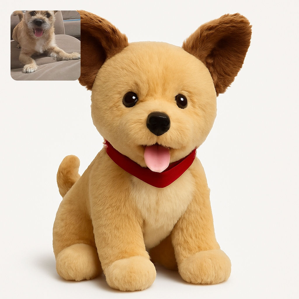 A happy scruffy dog with big ears is lying on a beige couch, tongue out and looking playful, with a colorful curtain in the background adding a pop of red and white.