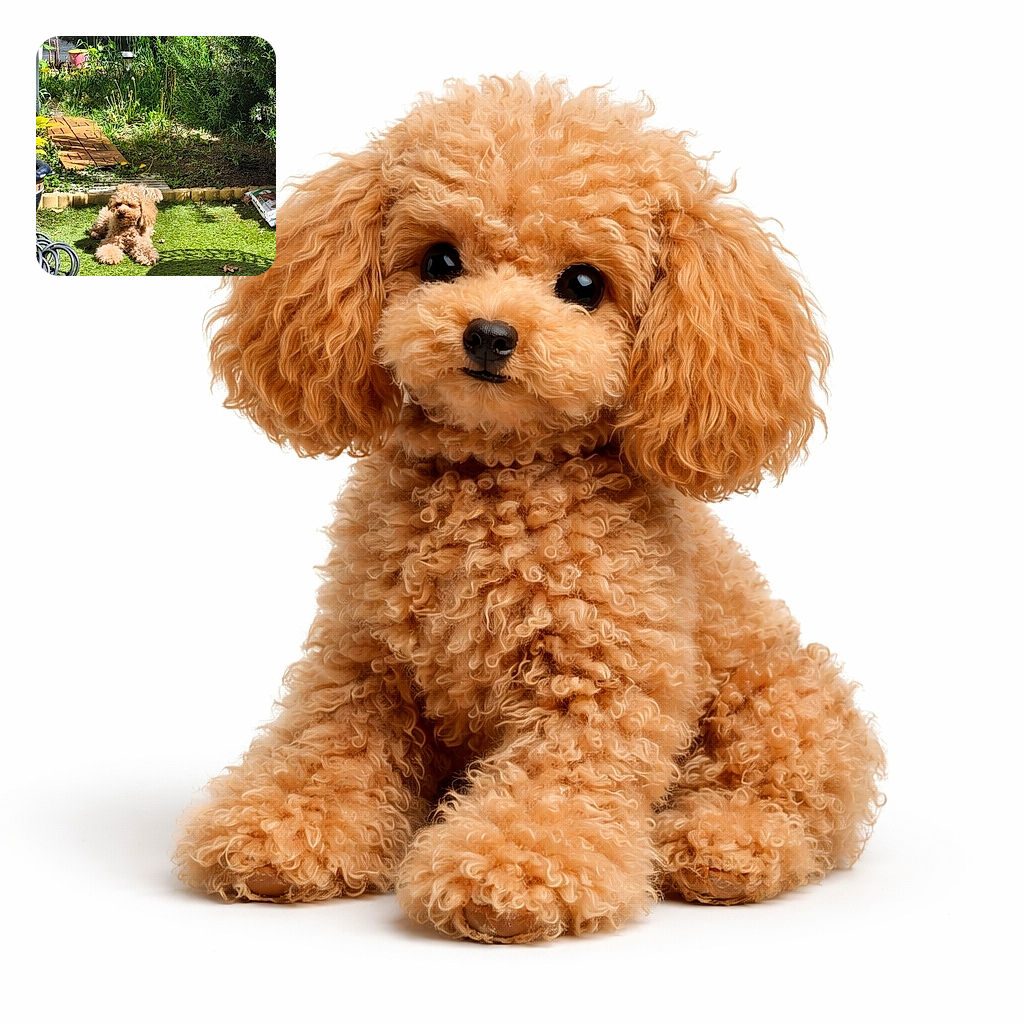 A fluffy, curly-haired dog lounges comfortably on a lush green lawn, soaking up the sunshine in a cozy garden filled with vibrant plants and a wooden pathway. Nearby garden tools and a bag of soil hint at ongoing gardening adventures.