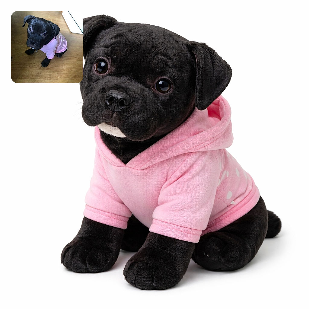 A cute black puppy wearing a pink shirt sits on a wooden floor looking up with big, soulful eyes, surrounded by a casual indoor setting with a bottle and some household items in the background.