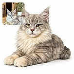 A majestic fluffy cat lounges on a table, looking unimpressed yet regal, with a cozy indoor setting and a potted plant softly blurred in the background.