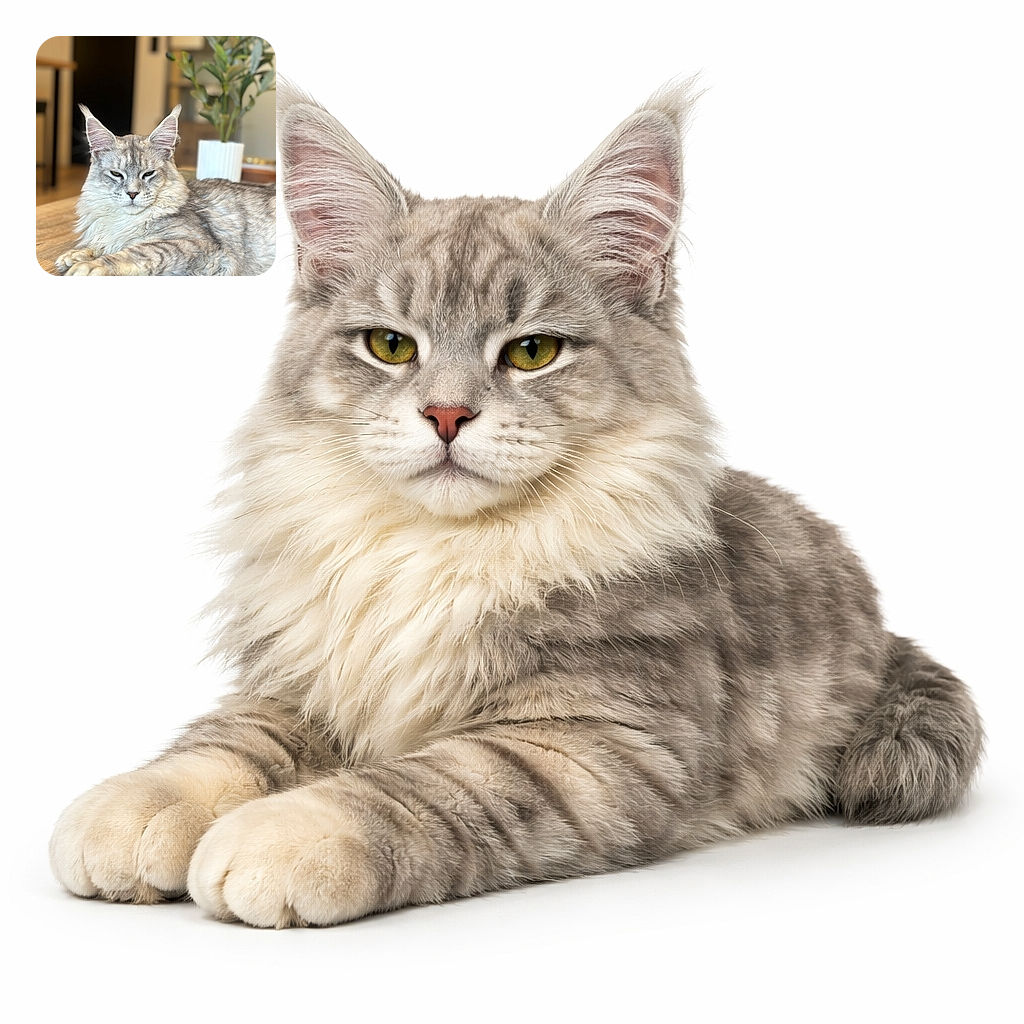 A majestic fluffy cat lounges on a table, looking unimpressed yet regal, with a cozy indoor setting and a potted plant softly blurred in the background.