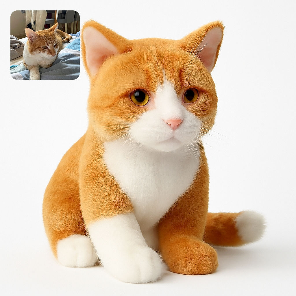 A ginger and white cat lounges comfortably on a bed covered with blue and white bedding, looking thoughtfully to the side, with a cozy indoor background featuring a chair and some clothes.