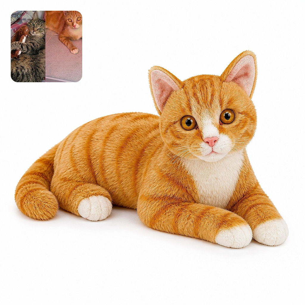 A charming two-cat collage: one fluffy tabby is cuddling a plush toy like it has claimed the world’s coziest throne, while an orange cat poses nearby with the serious expression of a tiny apartment supervisor.