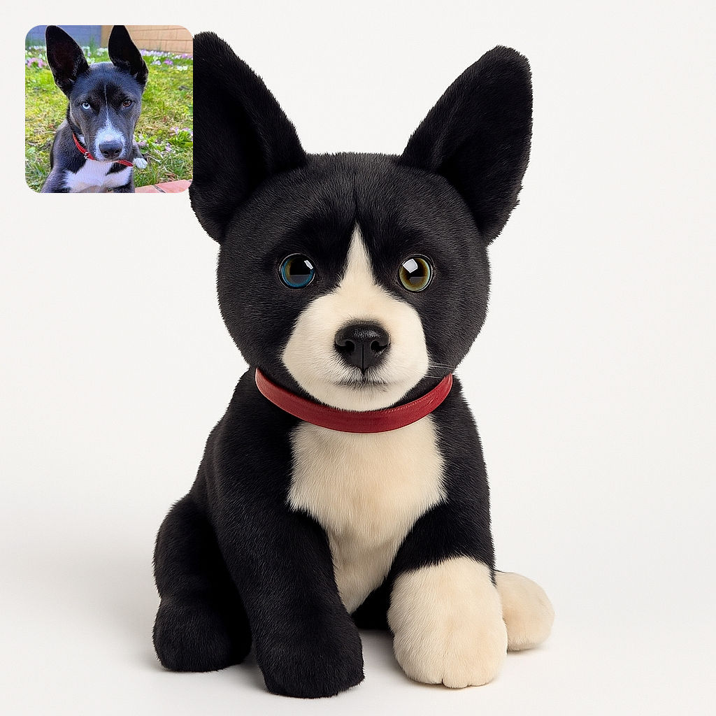 A striking black and white dog with heterochromia (one blue eye, one brown eye) lounges on a tiled surface in a garden, ears perked up like a curious detective on a case. The background is a soft blur of green grass and purple flowers, framed by a brick wall and fence.