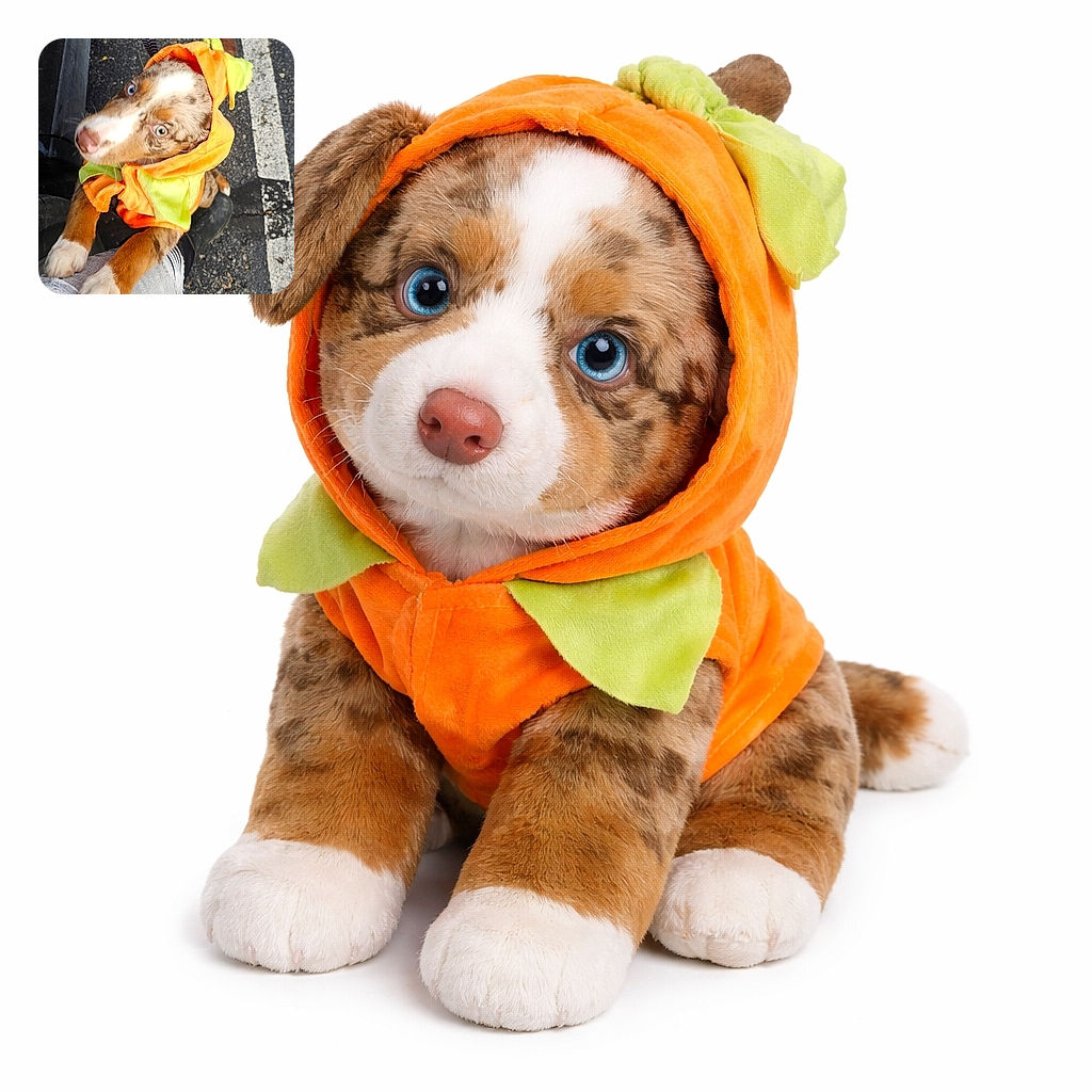 A wide-eyed puppy in an orange 'carrot' hoodie leaps up like it's auditioning for a snack commercial, nose slightly blurred from excitement while its paws cling to the photographer's ripped jeans on a parking-lot runway.
