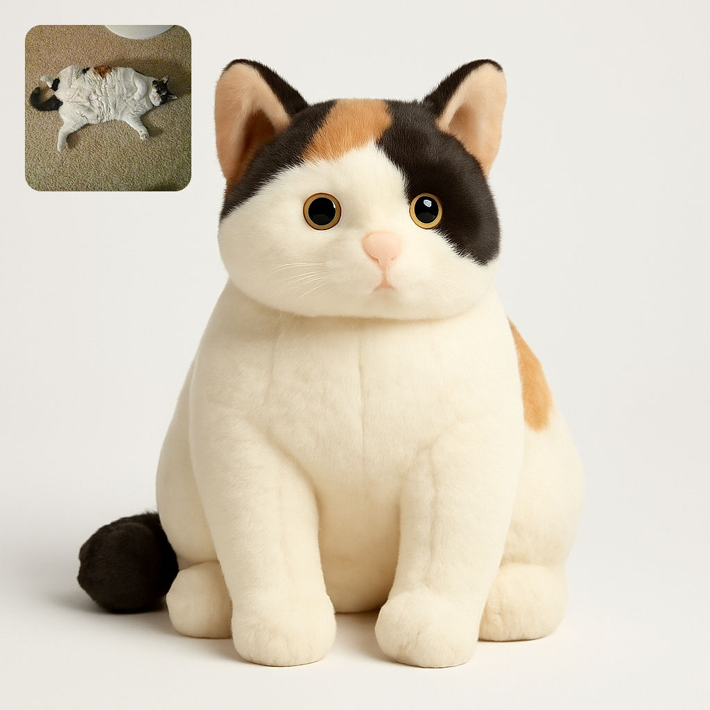 A fluffy calico cat is sprawled out belly-up on a carpet, looking relaxed and slightly mischievous as if inviting belly rubs or plotting world domination from the comfort of the floor.