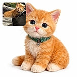 A wide-eyed orange tabby kitten with a tiny bell collar gazes curiously while nestled on a soft gray blanket, with a green and orange box labeled 'Happy Explorer' in the background, adding a hint of adventure to this cozy indoor scene.