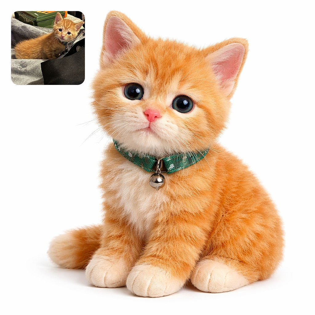 A wide-eyed orange tabby kitten with a tiny bell collar gazes curiously while nestled on a soft gray blanket, with a green and orange box labeled 'Happy Explorer' in the background, adding a hint of adventure to this cozy indoor scene.