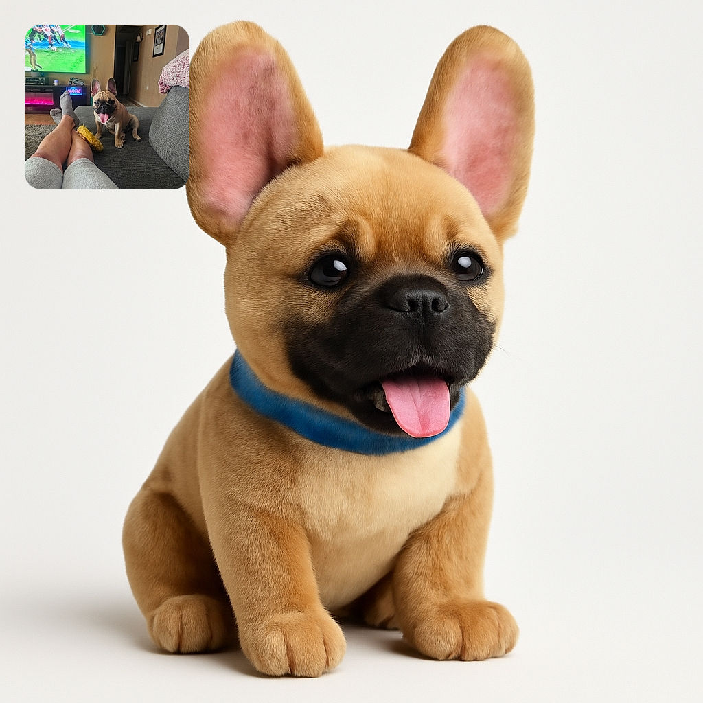 A cozy living room scene with a happy French Bulldog sitting on a gray couch next to a person's legs stretched out, watching a football game on TV. The room has warm lighting, a pink knitted blanket, and a neon sign that says 'HUSTLE' glowing in the background, adding a fun and vibrant touch.