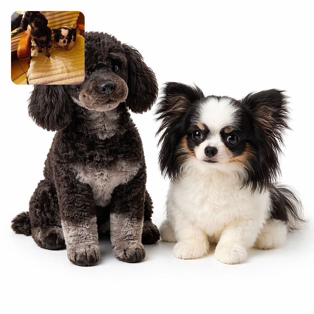 Two adorable dogs, one black and curly and the other small with black and white fur, are cozily perched on a plush, cream-colored chair. The warm lighting and cozy setting make it feel like a perfect lazy afternoon for these furry friends.