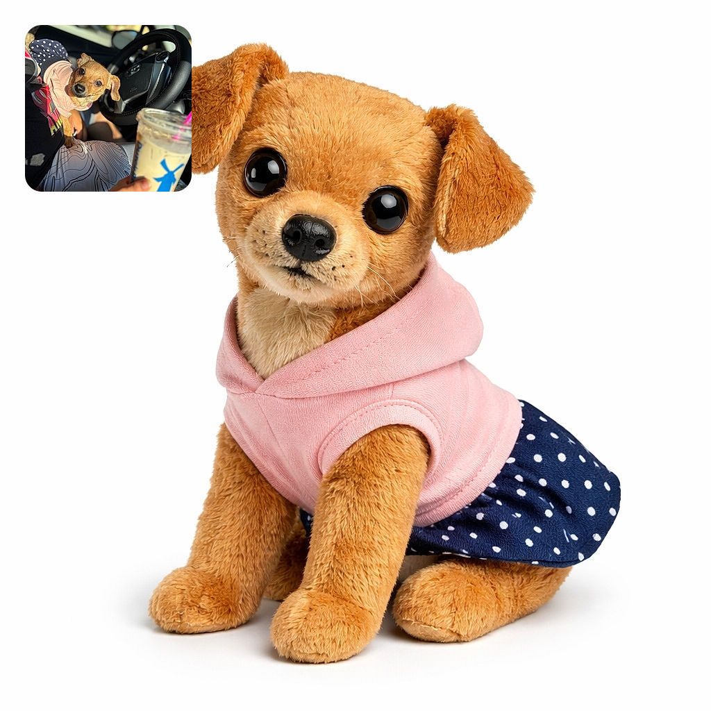 A tiny dog wearing a cute pink outfit sits on a person's lap inside a car, looking curiously at the camera. The steering wheel and a hand holding a cold drink with a pink straw are visible, with sunlight casting warm highlights on the scene.