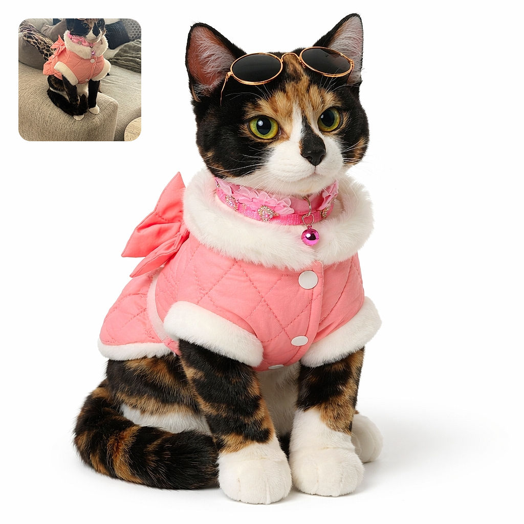 A very dignified calico cat models a fluffy pink coat, tiny round sunglasses, and a blingy bell while perching on the arm of a couch — simultaneously judging your outfit choices and demanding treats.