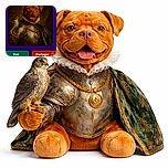 A whimsical digital artwork showing a dog dressed in regal armor holding a falcon, set against a classical portrait-style background. The image is displayed on a smartphone screen with a purple interface and French text, including buttons for viewing and sharing.