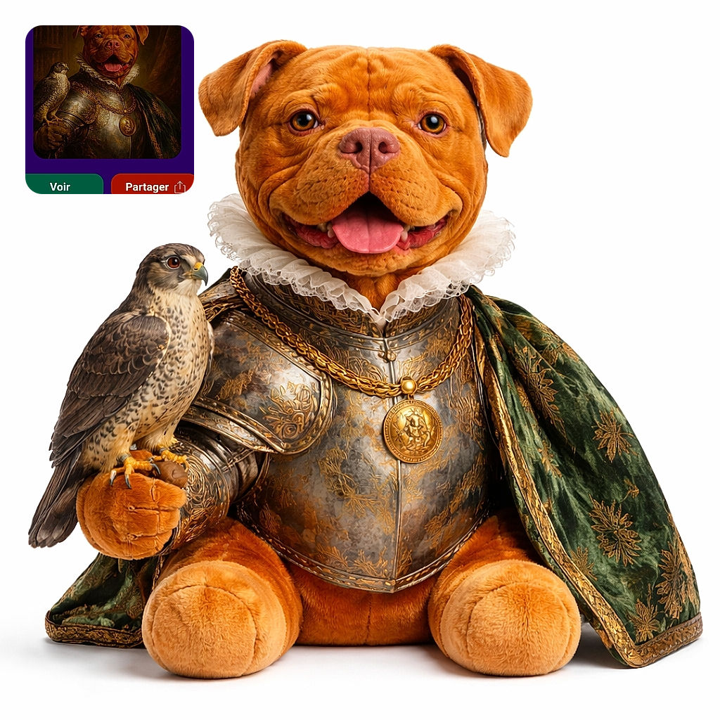 A whimsical digital artwork showing a dog dressed in regal armor holding a falcon, set against a classical portrait-style background. The image is displayed on a smartphone screen with a purple interface and French text, including buttons for viewing and sharing.