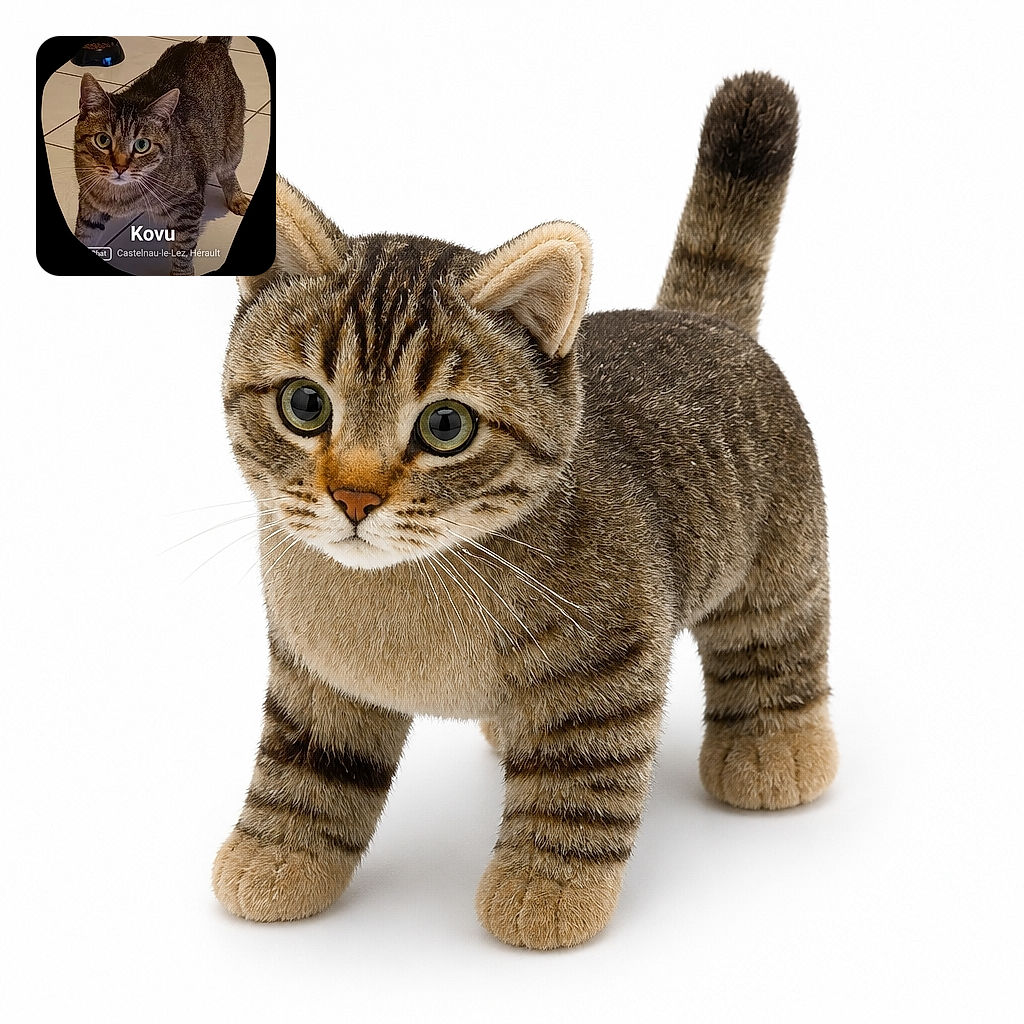 A wide-eyed tabby cat named Kovu stares into the camera like it has just discovered an unpaid snack bill, while its food bowl waits patiently in the tiled background. The rounded black border gives the scene the feel of a feline passport photo with dramatic flair.
