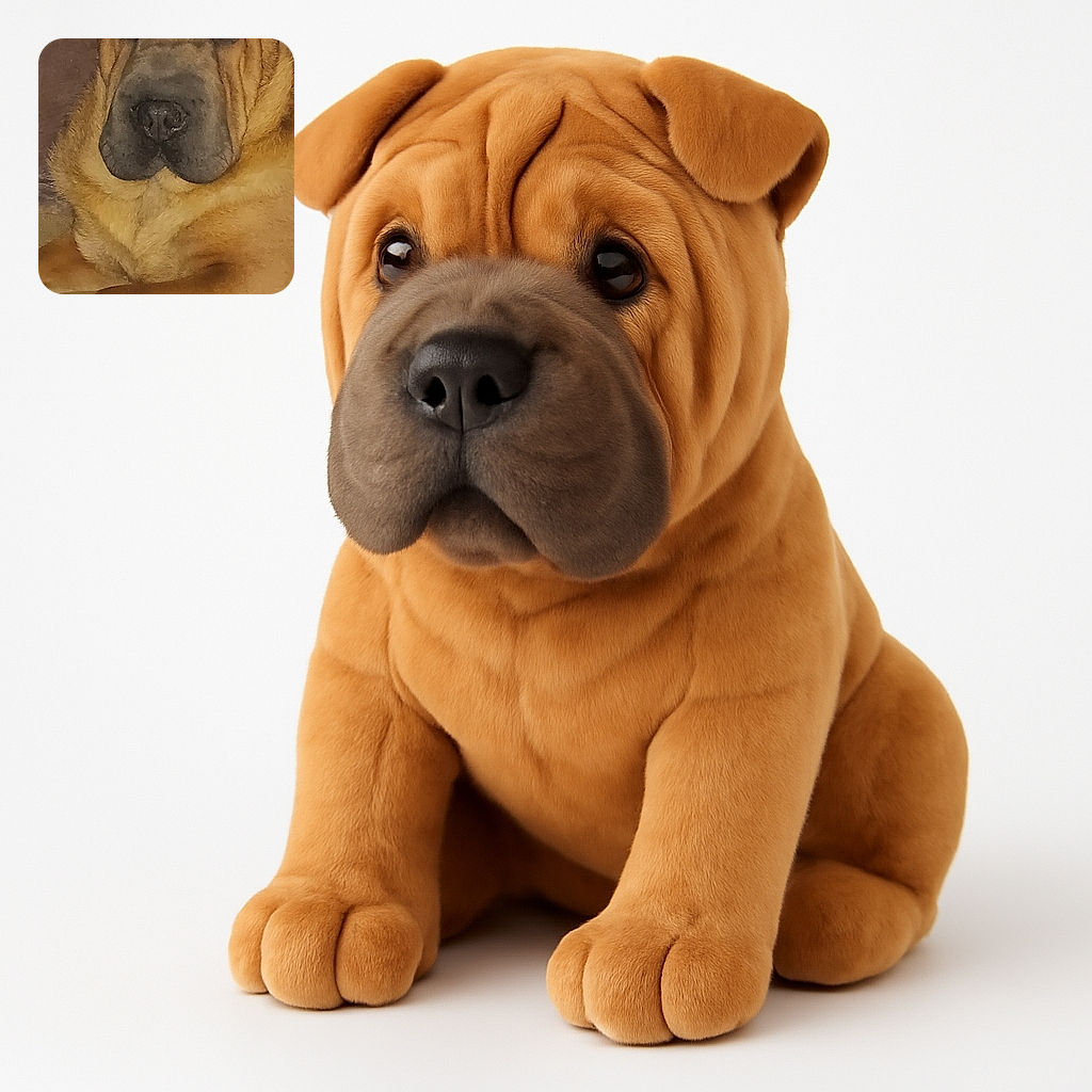 A close-up photo of a large dog with wrinkled skin and a serious expression, lying on a textured surface with a partially visible brown background and a hint of blue in the corner. The dog's eyes reflect light, giving a glowing effect.