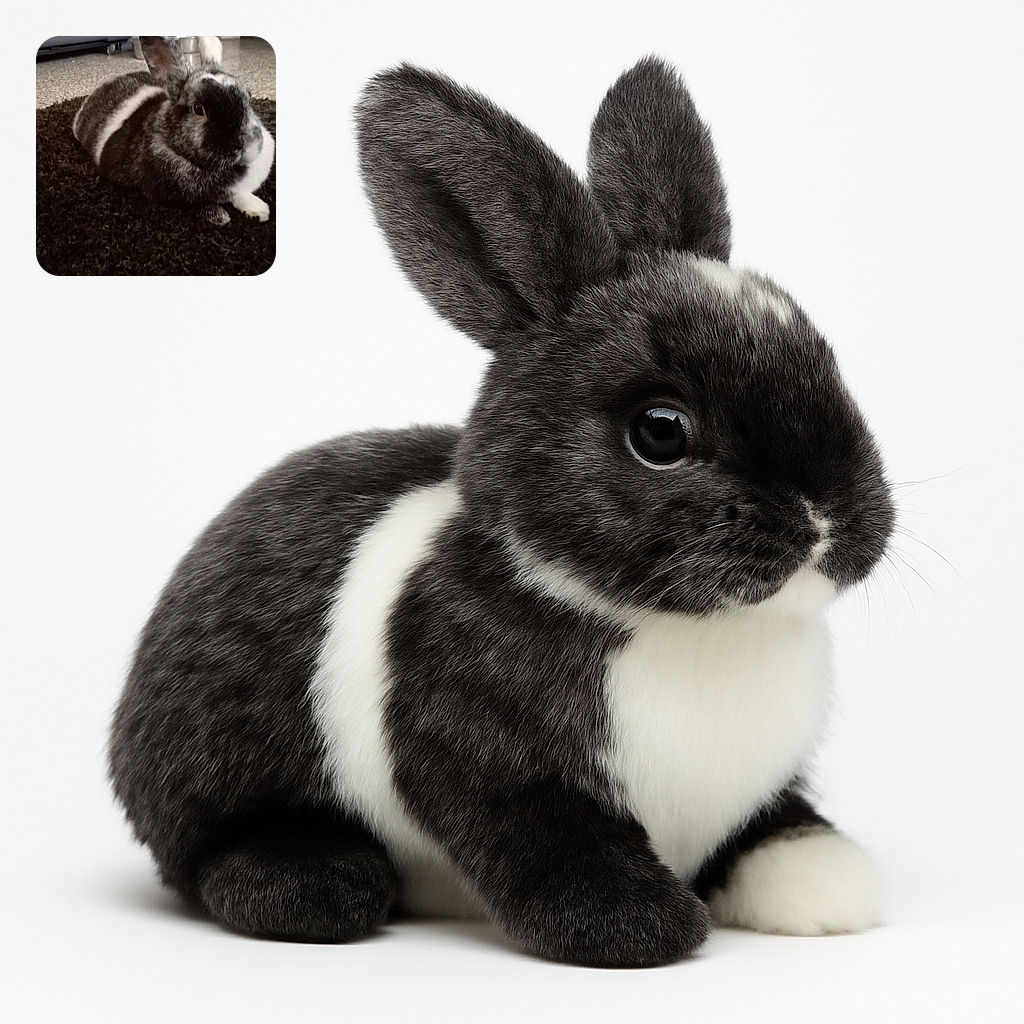 A cozy black and white rabbit lounges on a dark textured rug, with a cage and some household items blurred in the background, giving a relaxed indoor vibe.