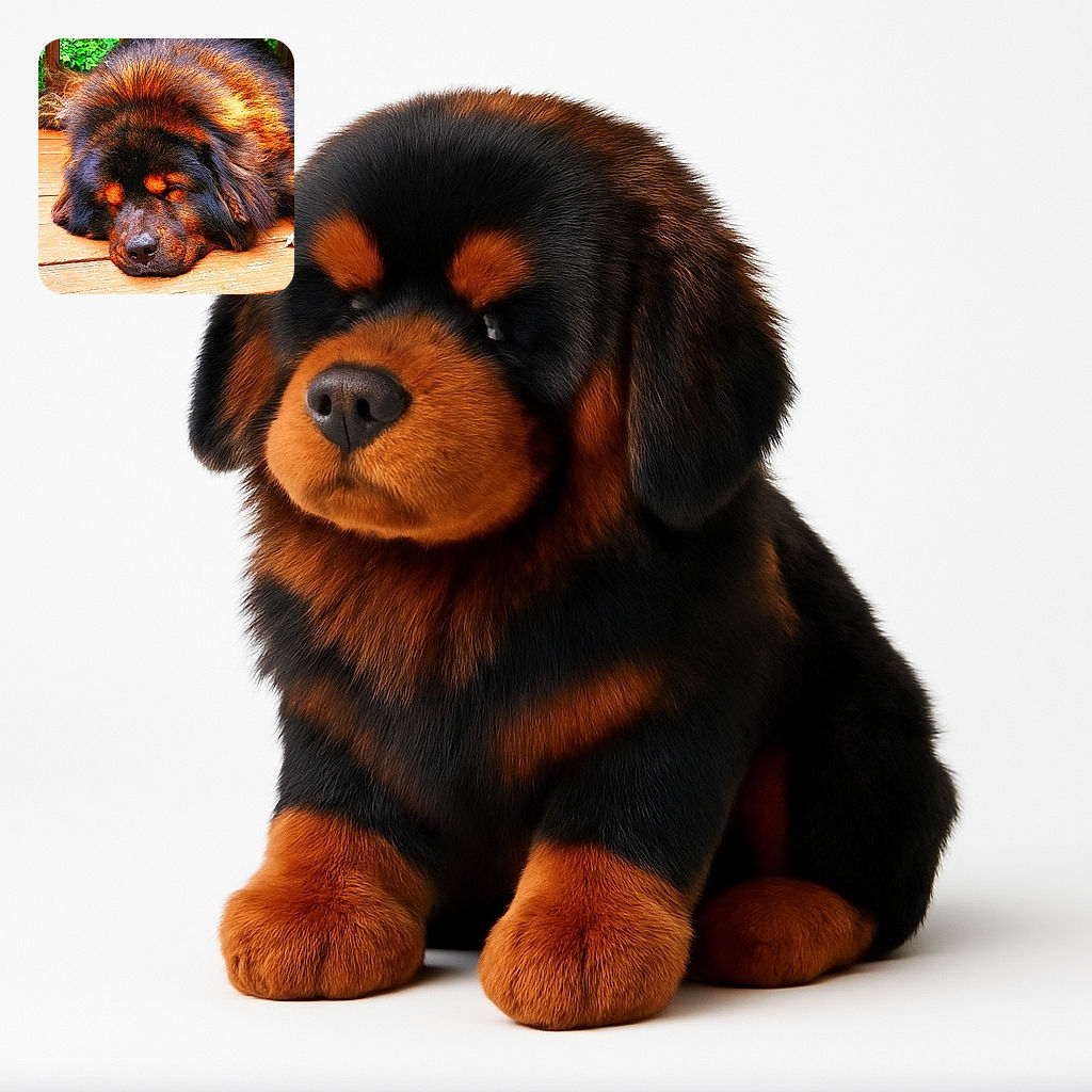 A fluffy dog with a rich, multi-colored coat is peacefully snoozing on a wooden deck, blending warm tones of black, brown, and orange in its fur, surrounded by a lush green backdrop.