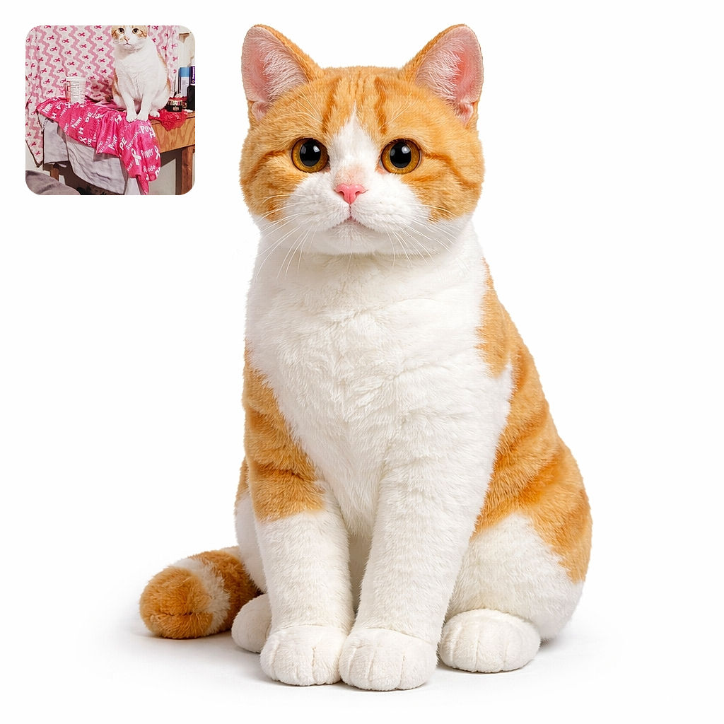 An orange-and-white cat sits like it owns the pink-themed set — big curious eyes, neatly placed paws on a fabric-covered table, with a patterned pink blanket backdrop and a cup nearby. The scene is cozy, slightly cluttered, and the cat delivers peak unimpressed royalty.