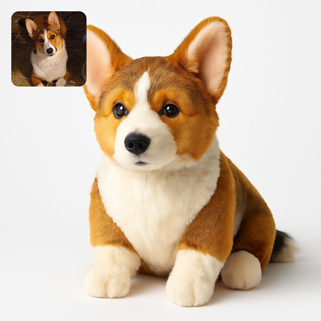 A curious corgi with big ears and soulful eyes is lying on a tiled floor, looking up with an adorable head tilt, surrounded by a dimly lit room with some scattered objects.