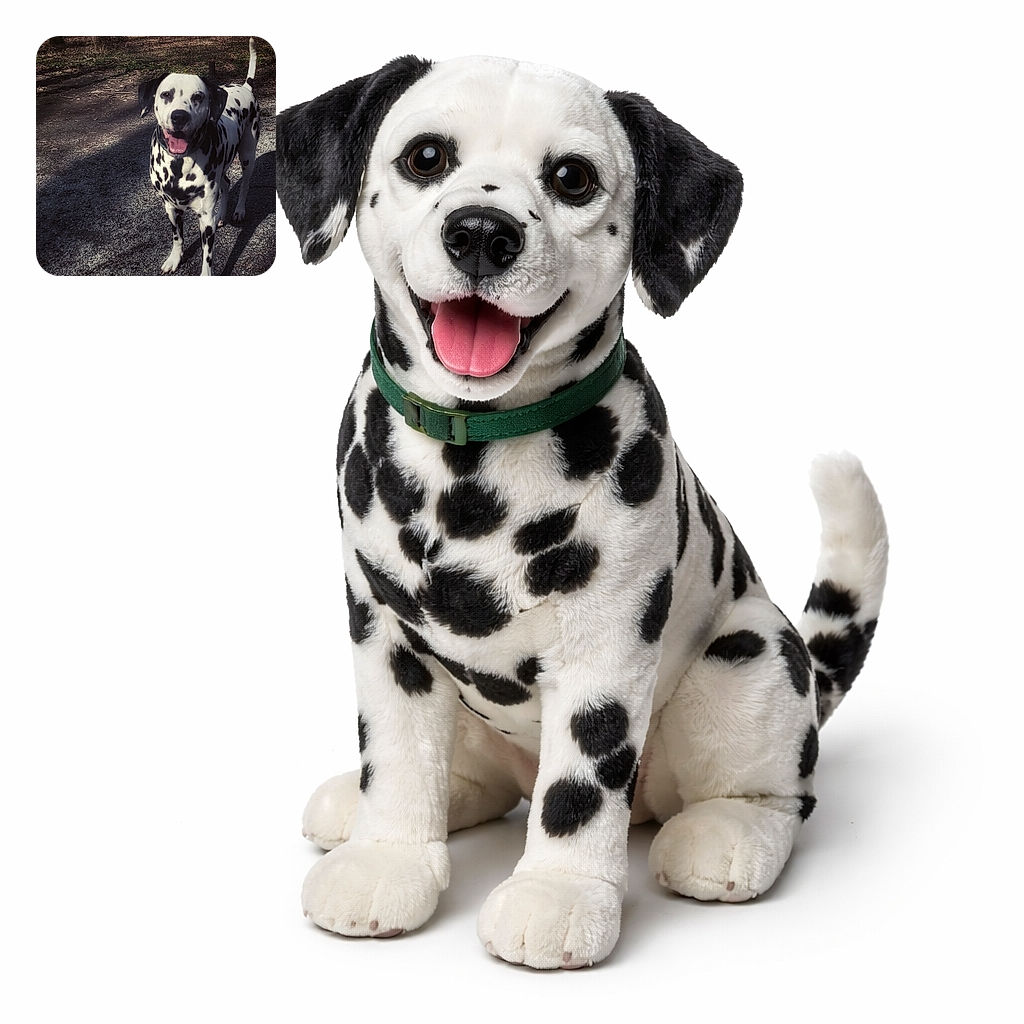 A cheerful Dalmatian trots up to the camera with its tongue lolling and a big spotted grin, standing on a gravel path in dappled forest light — clearly ready for its close‑up (or a treat).