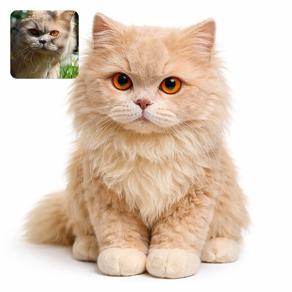 A regal, fluffy cat stares straight into the camera with molten-gold eyes and an air of dramatic seriousness — whiskers on full display like a tiny, furry admiral inspecting the lawn. Sunlight highlights the soft fur and creates a shallow, dreamy background while blades of grass frame the lower face, making this close-up both adorable and uncomfortably judgmental.