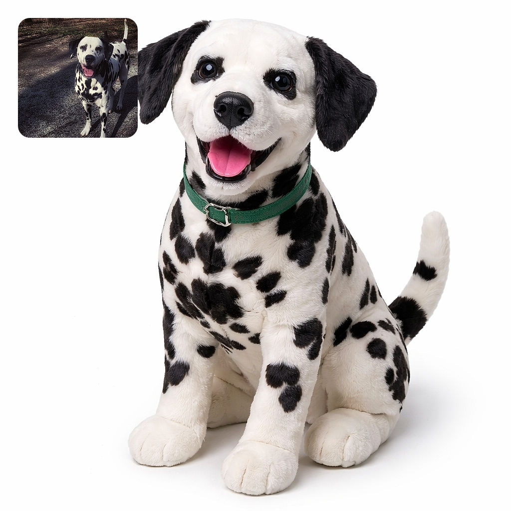 A cheerful Dalmatian trots up to the camera with its tongue lolling and a big spotted grin, standing on a gravel path in dappled forest light — clearly ready for its close‑up (or a treat).