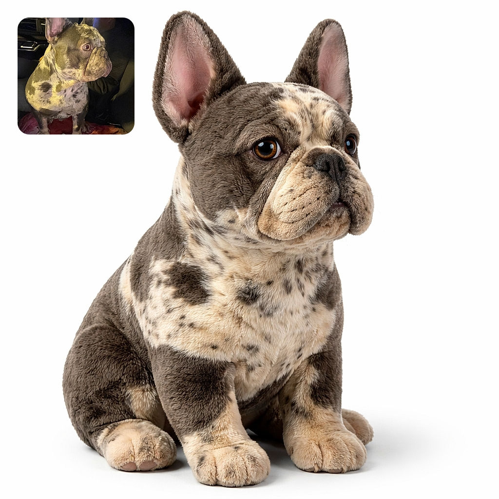 A brindle French bulldog dominates the frame like a tiny, judgmental bodyguard — ears up, eyes wide, perched on a cozy blanket in a car while a dimly lit person lounges in the background. Flash highlights the dog's wrinkled face and mottled coat; outside the window a storefront glow peeks through.