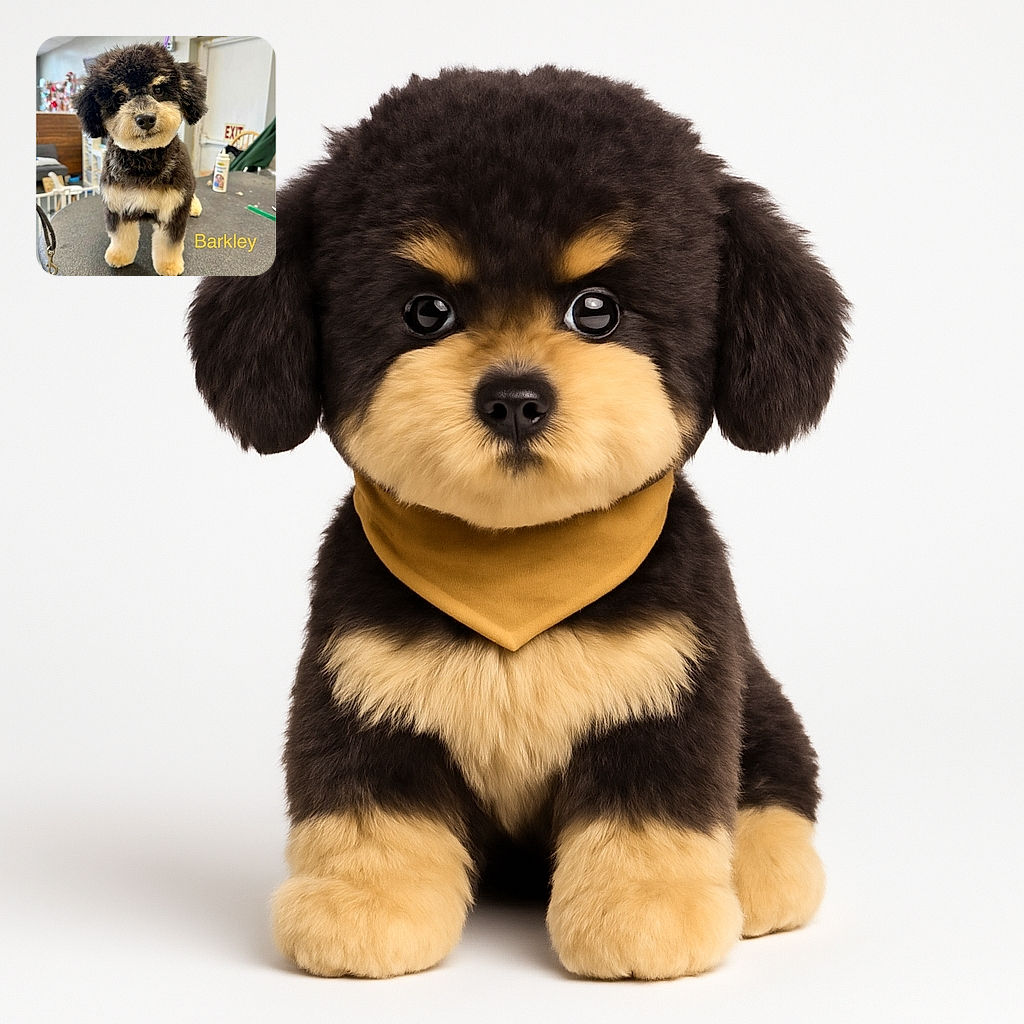 A fluffy, freshly groomed dog named Barkley stands adorably on a grooming table, looking straight at the camera with a curious and sweet expression. The background shows a cozy indoor setting with grooming supplies and furniture, adding a warm, everyday vibe to the scene.