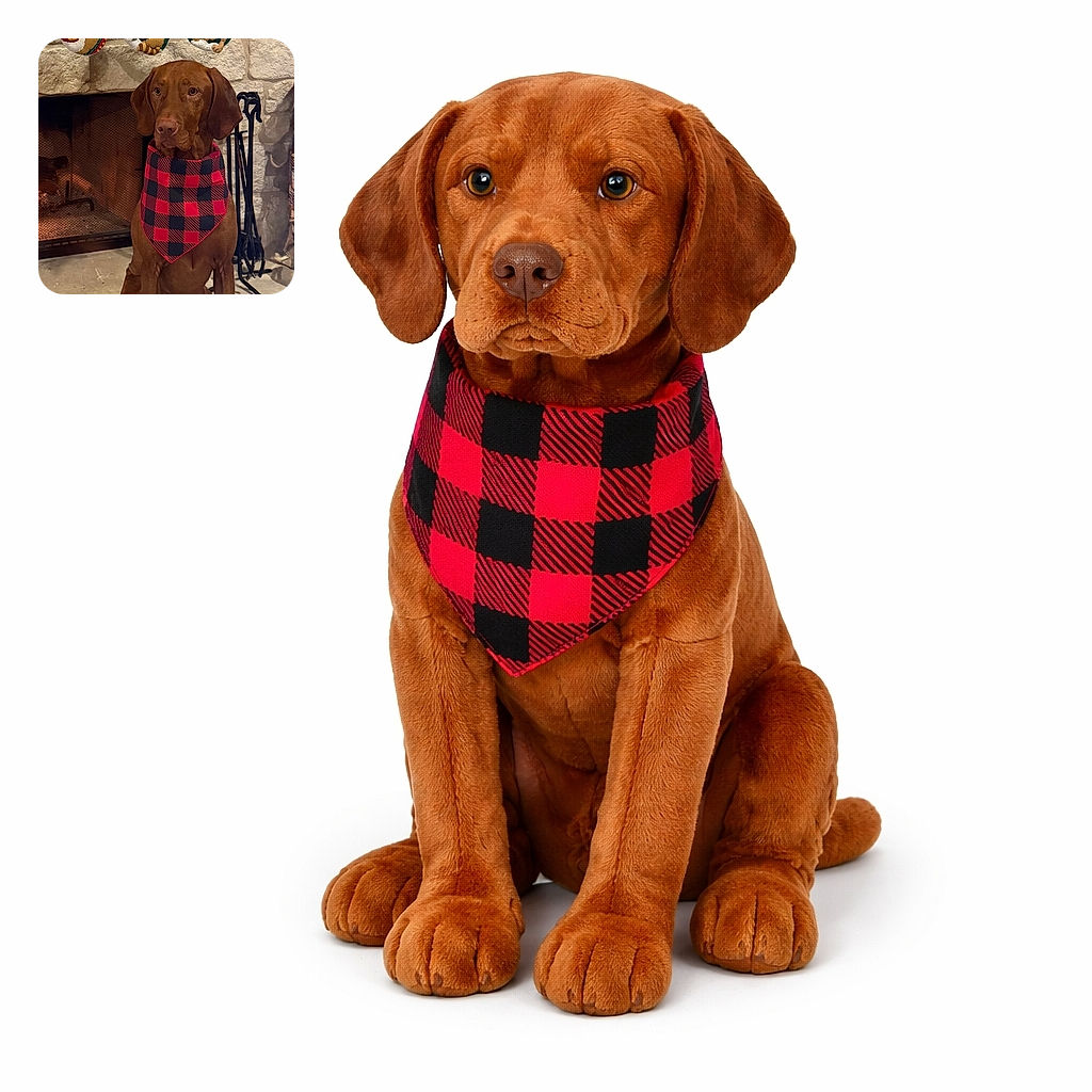 A dignified brown dog wearing a red-and-black plaid bandana poses like a holiday model in front of a cozy stone fireplace while enormous embroidered Santa-and-reindeer stockings loom above like festive judges.