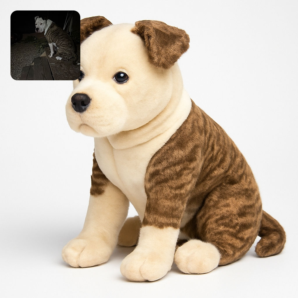 A brindle and white dog sits on a wooden platform at night, looking back over its shoulder with a curious expression, surrounded by gravel and some plants in dim lighting.