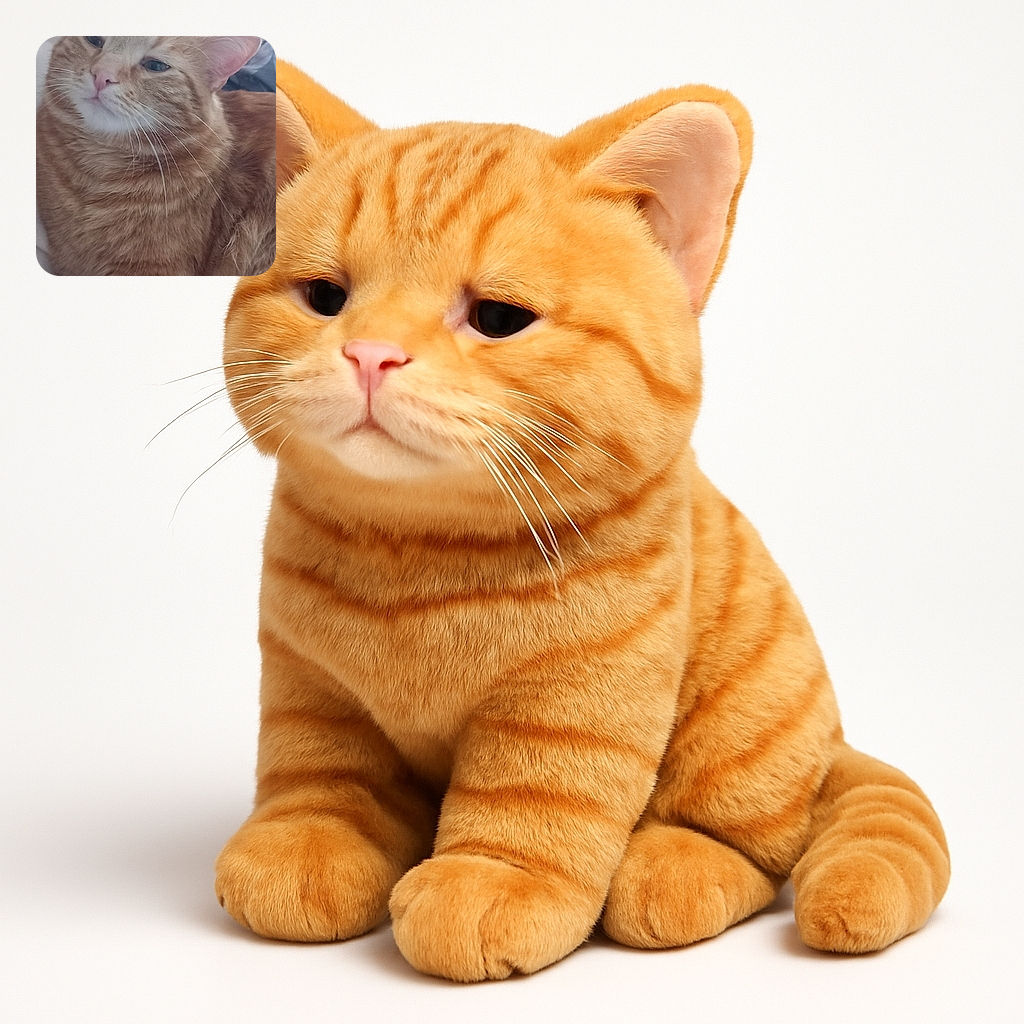 A fluffy orange tabby cat lounges comfortably, looking slightly unimpressed but undeniably cute, with a soft background hinting at a cozy indoor setting.