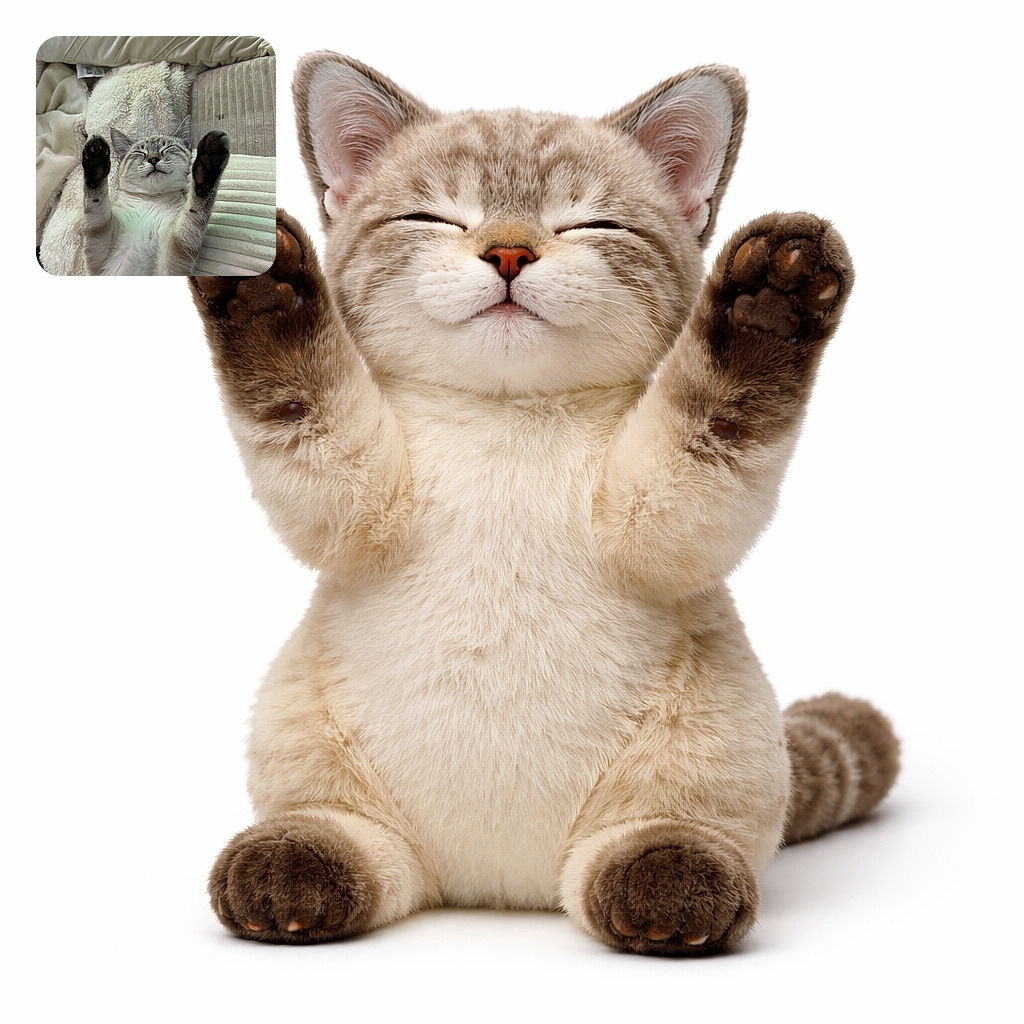 A cozy cat lies on its back with paws stretched up like it's celebrating a tiny victory, surrounded by soft, fluffy blankets and cushions, looking utterly content and relaxed.