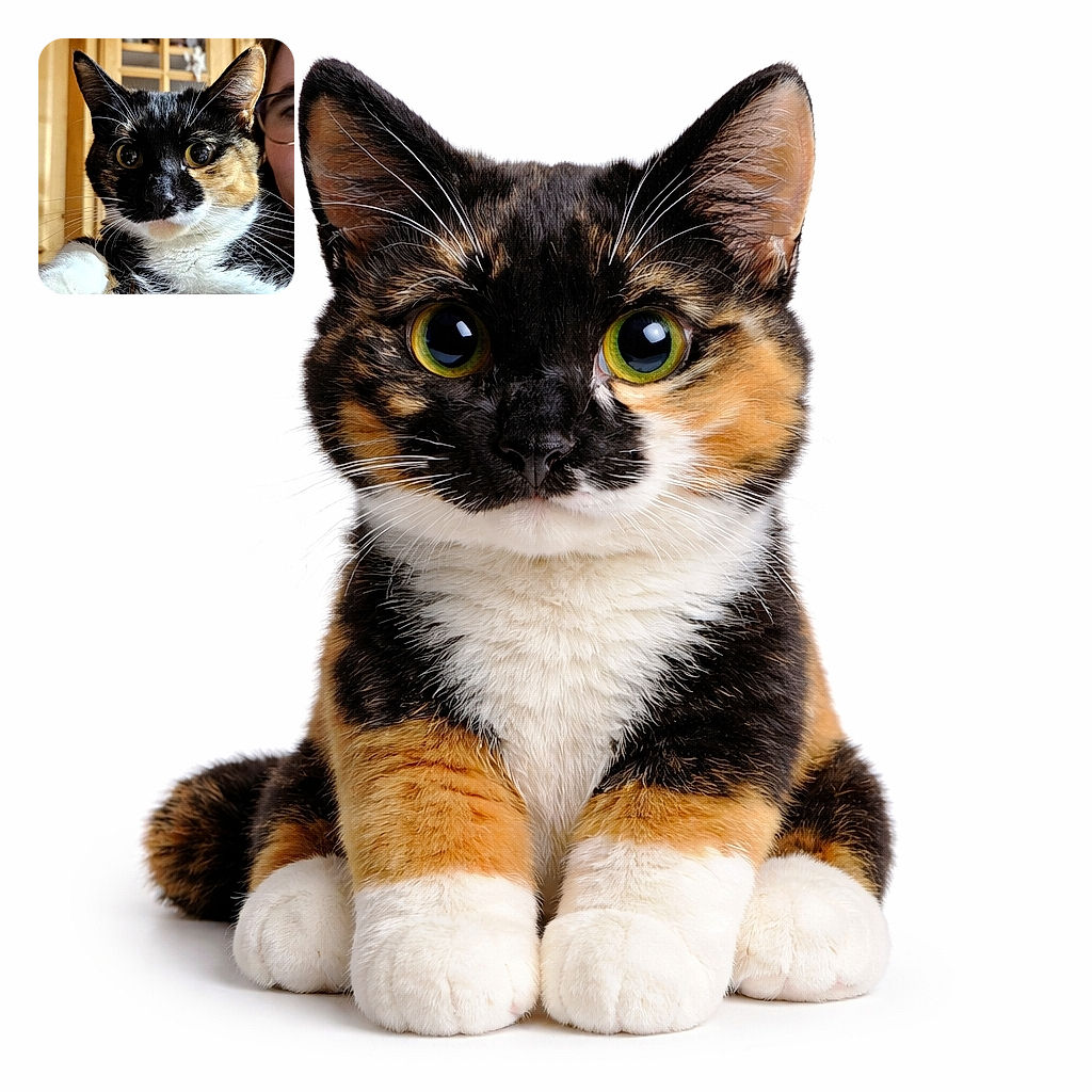 A close-up shot of a curious calico cat with strikingly large eyes, lounging on a blue plaid shirt. The background shows a wooden cabinet and part of a person's face with glasses peeking from the side, adding a cozy home vibe.