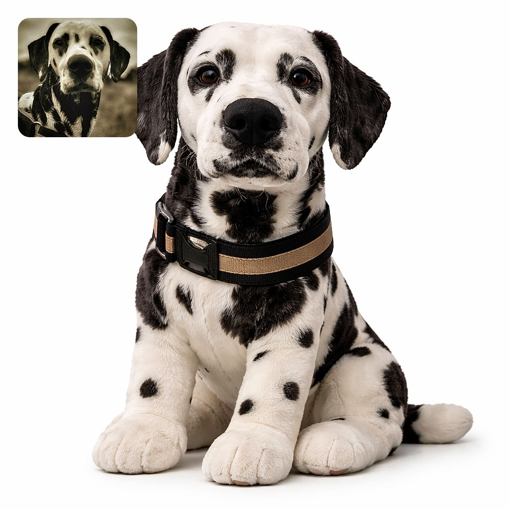 A soulful spotted dog stares into the lens with a dramatic oversized nose and floppy ears, wearing a sturdy harness; the sepia treatment and shallow depth-of-field turn a simple outdoor moment into a vintage portrait of ultimate doggo dignity.