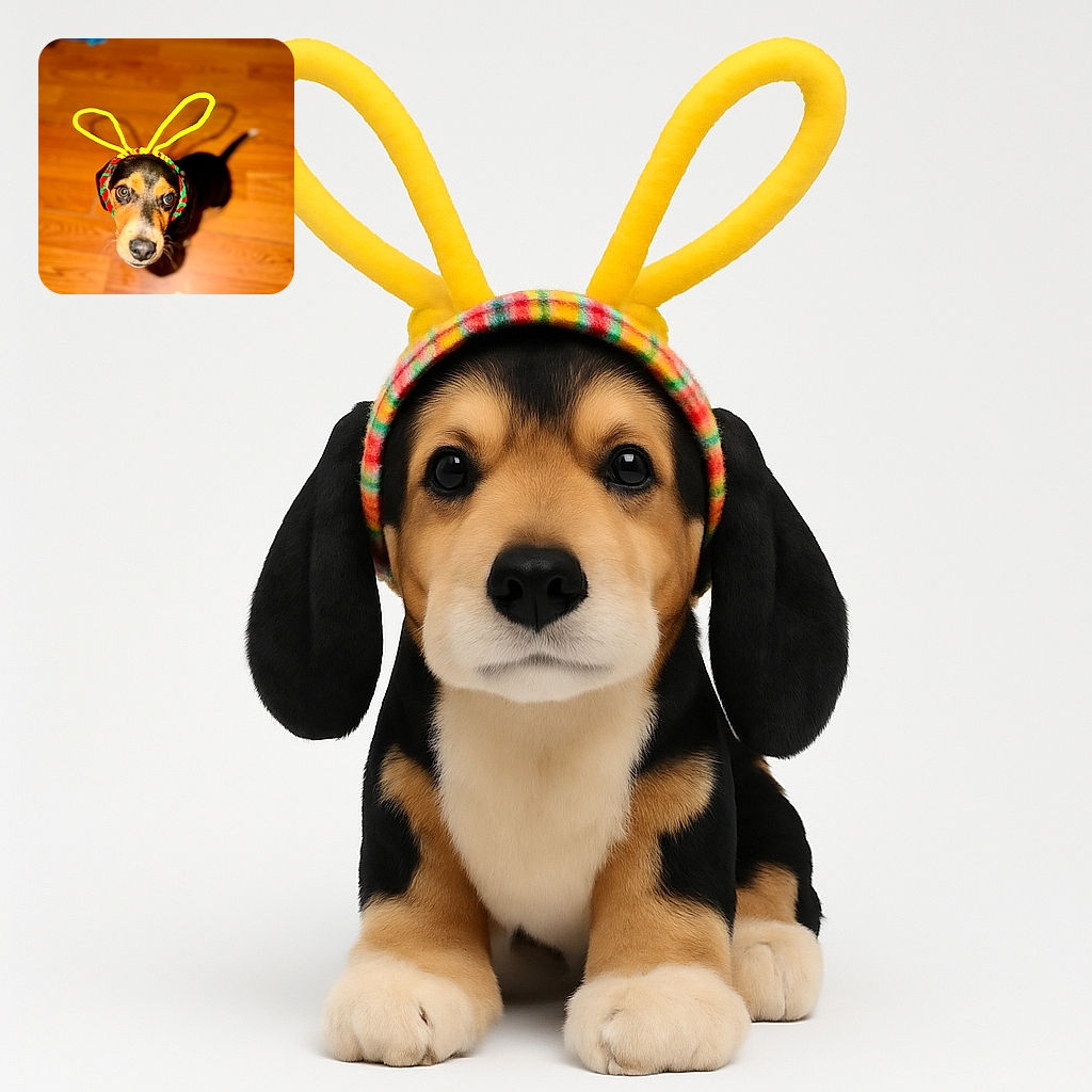 A charming dog wearing colorful bunny ears looks up with wide, curious eyes on a wooden floor, while a human foot peeks into the frame, adding a casual homey vibe.